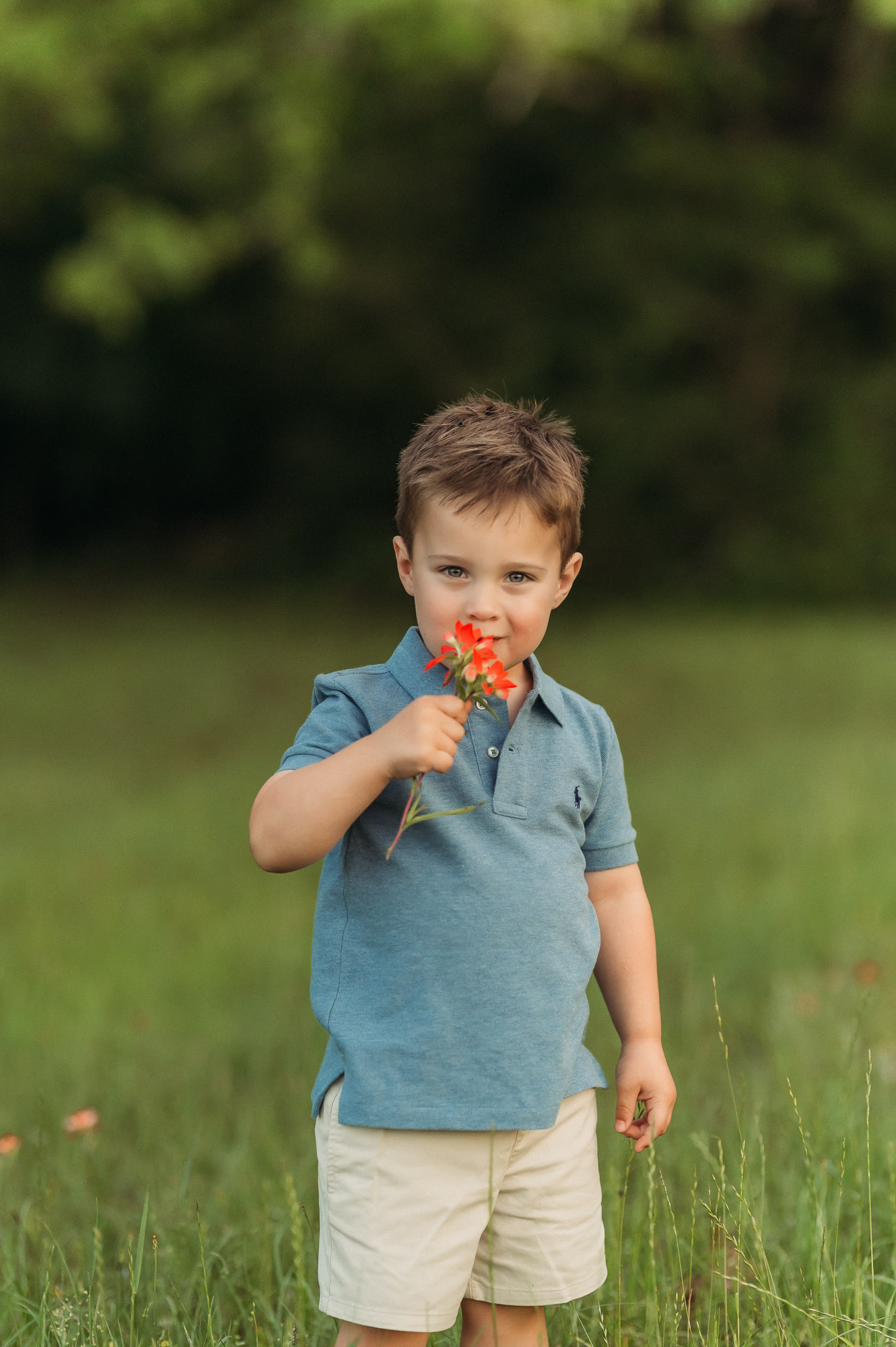 Little boy picking wildflowers | Lake Tyler Family Photography